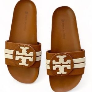 Tory Burch Leigh Anatomic Slides Sandles, Amber & New Ivory